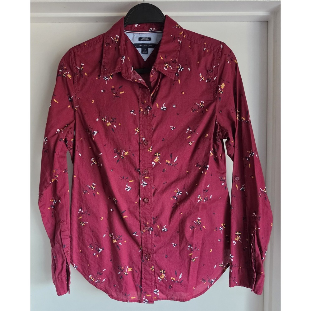 Tommy Hilfiger Floral Button-Down Shirt Women S Burgundy Long Sleeve Cotton